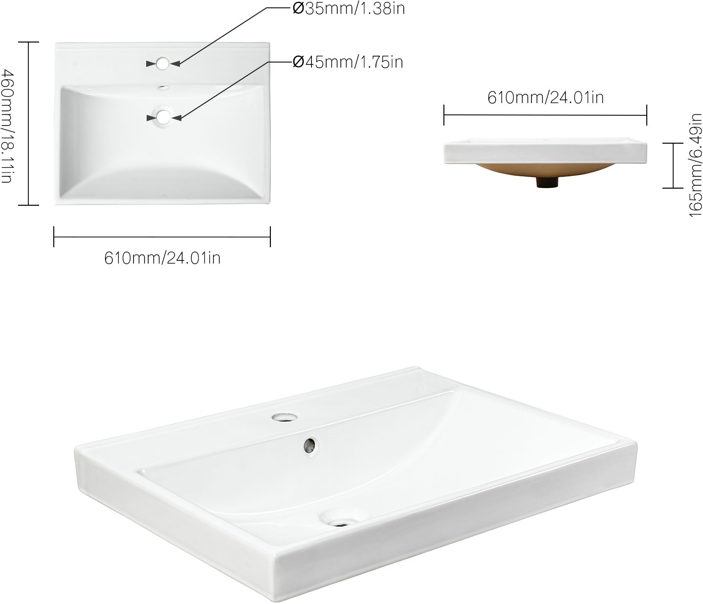 welltime Einbauwaschbecken Trento Deluxe, Mit Nano Glasur in 51,61,81,101 und 121cm erhältlich. – Bild 4 von 4