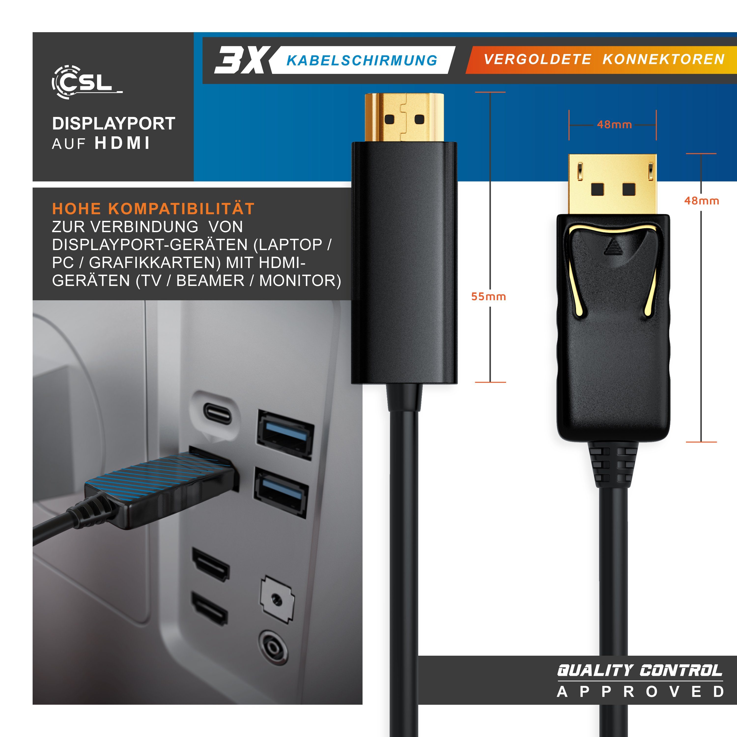CSL Audio- & Video-Kabel, DisplayPort, HDMI, (200 cm), DP Monitor Kabel mit Audioübertragung - 2m