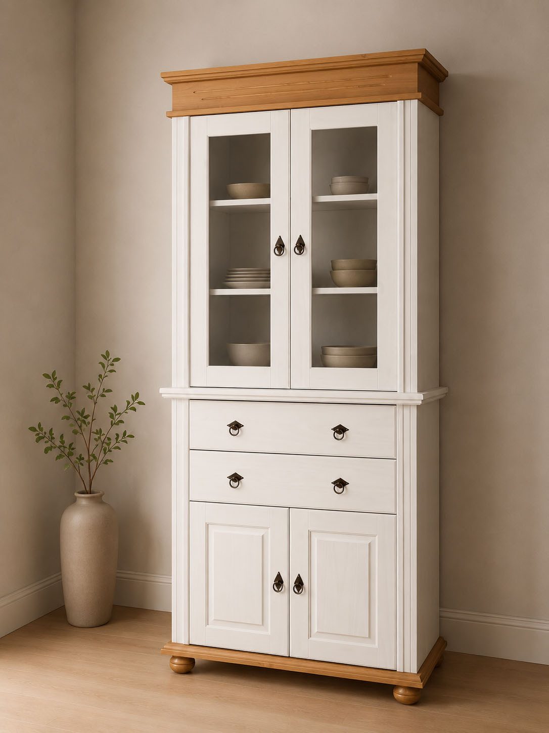 Inter Link Vitrine Halmaro, Kiefer Massivholz, Weiss/Grau-Lava, 101 x 46,30 x 220 cm (1-St) Buffet im Laudhausstil, Küchenschrank mit Glastüren, viel Stauraum