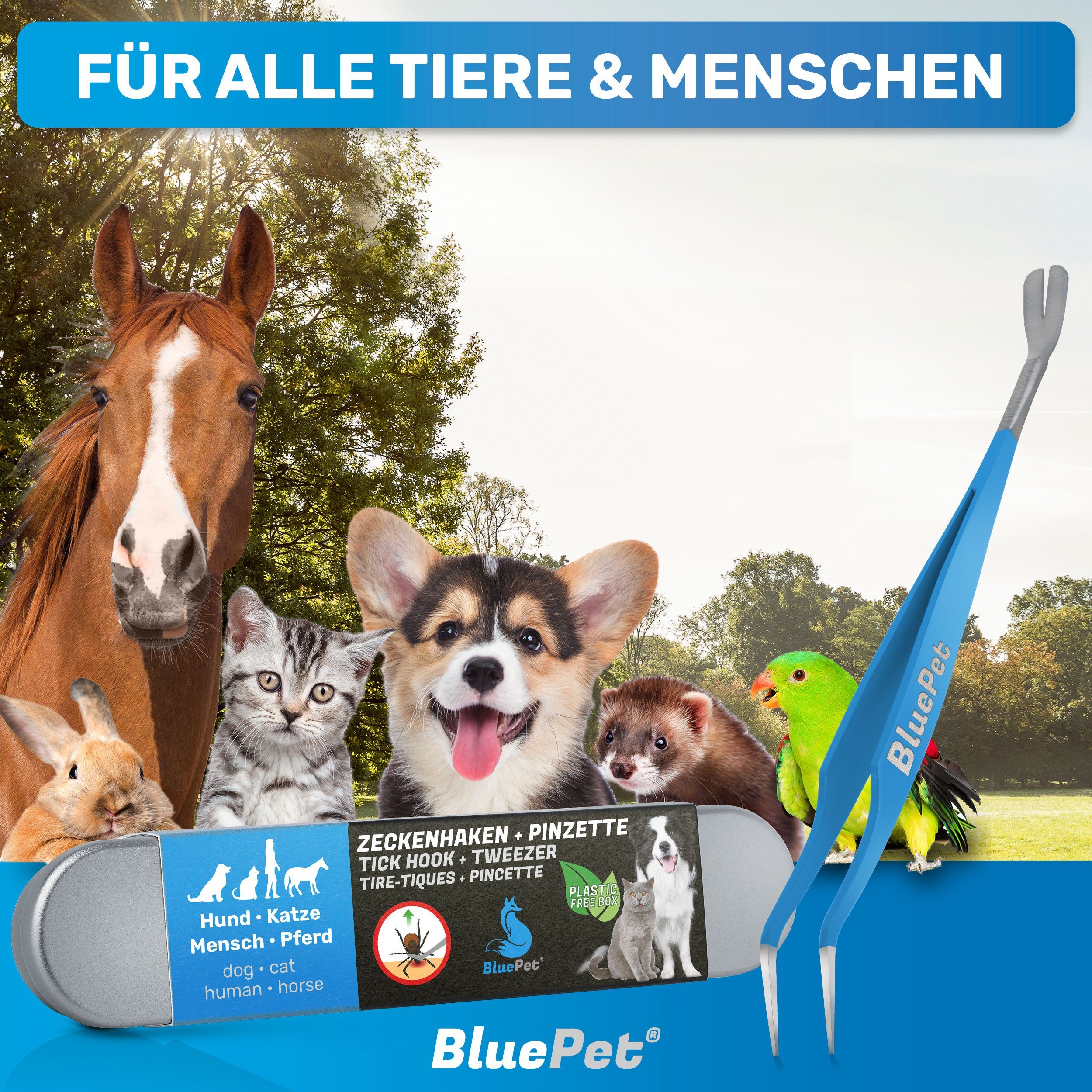 BluePet Zeckenpinzette Edelstahl, und Pferde, Zeckenhebel Zeckenentferner Menschen, Hunde, inkl. Metallbox für Katzen, 2in1 Zeckenzange