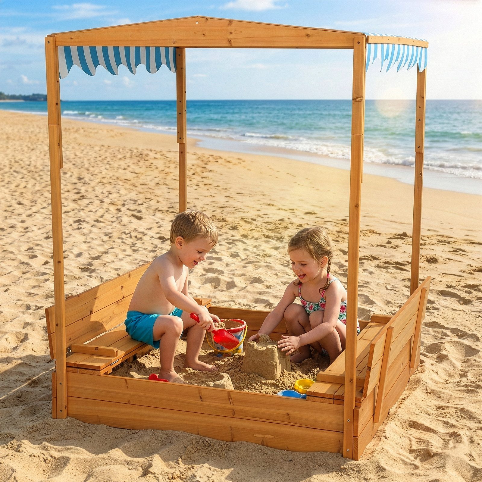 LALAHO Sandkasten mit Dach & Sitzbänken – Holzspielsandkasten für Kinder im Garten, 118x118x145cm,Kindersandkasten, Sandkasten Garten,Holz massiv