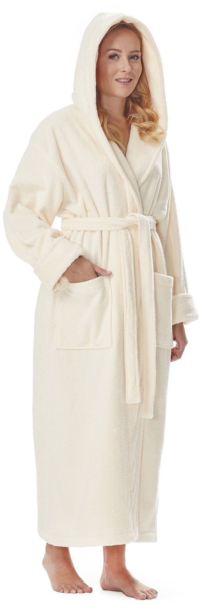 Arus Damenbademantel Viola, 100% Bio-Baumwolle, mit Kapuze, extra lang, 100 % BIO-Baumwolle mit GOTS-Zertifikat