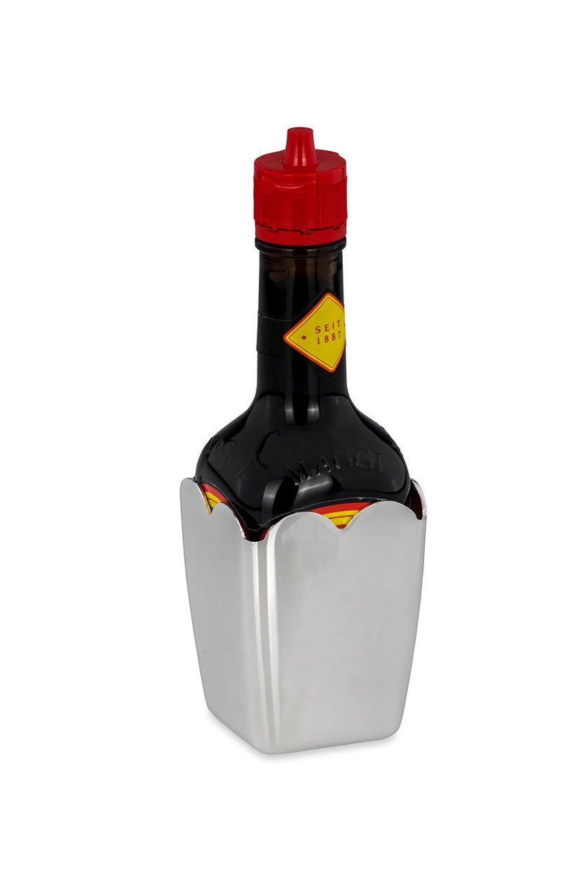 Flasche Mini Ständer Brillibrum Metall Maggi mit Tischdeko versilbert Auffangbehälter mit Halter Maggi 125ml Würze Etui, Flüssigwürze