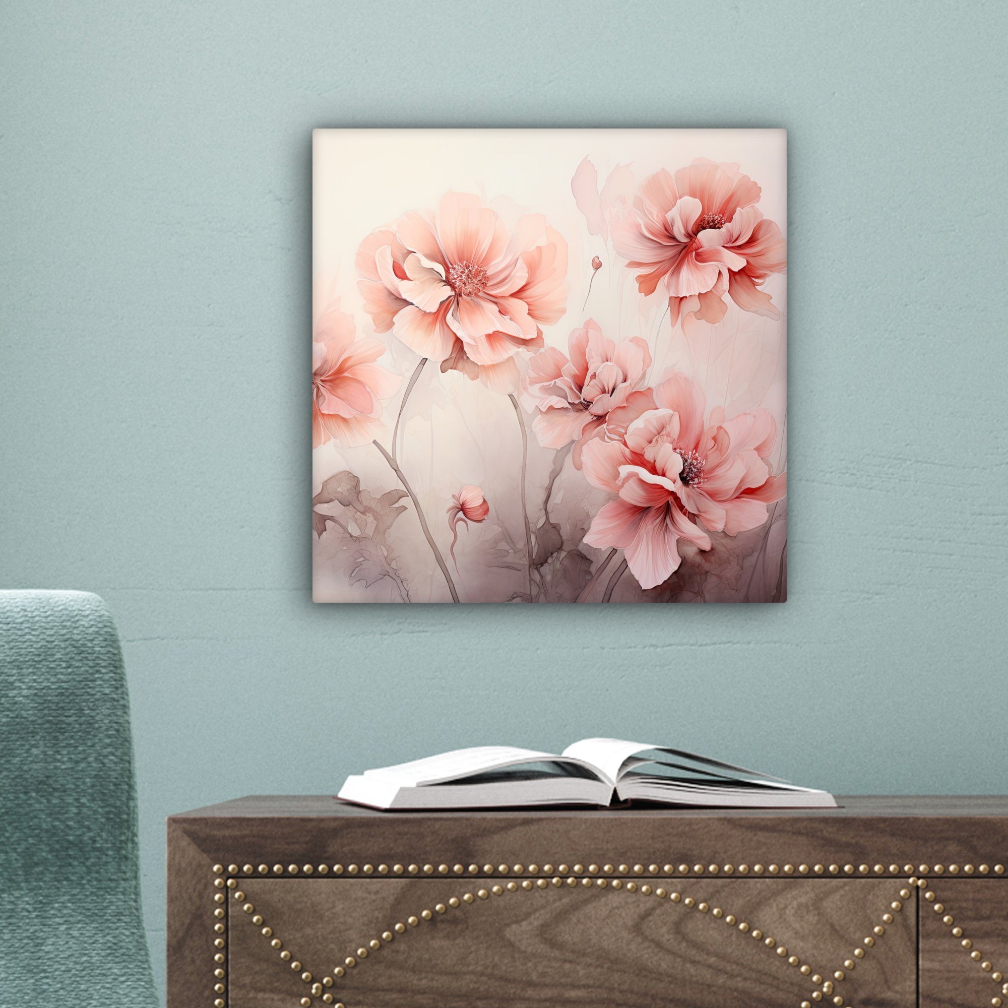 Aquarell, Kunst - - für Wohnzimmer OneMillionCanvasses® Leinwand Schlafzimmer, 20x20 Abstrakt - Bilder St), (1 cm Leinwandbild Rosa - Blumen