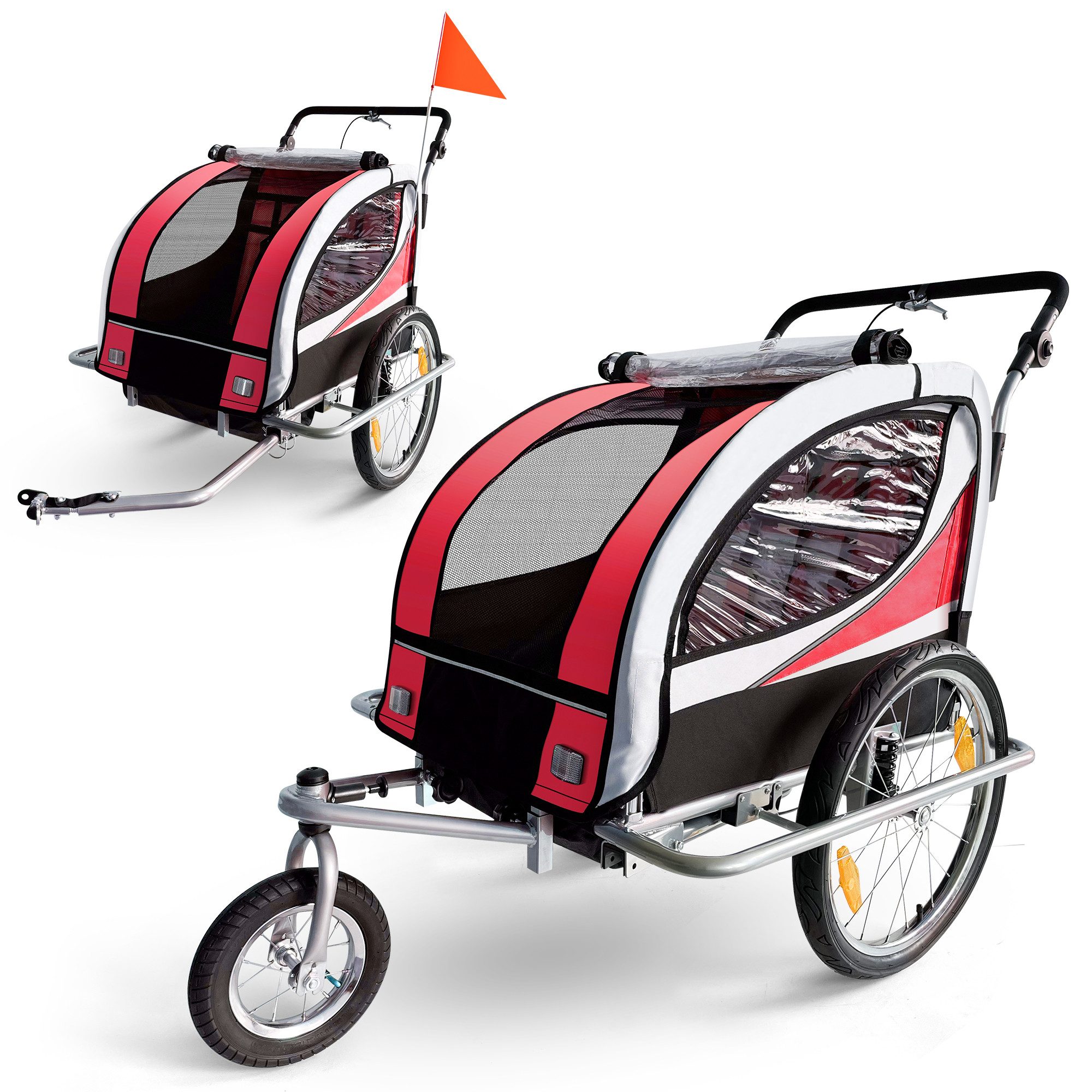 SAMAX Fahrradkinderanhänger 360° drehbarer Fahrradanhänger 2in1 Jogger - in Rot - Silver Frame