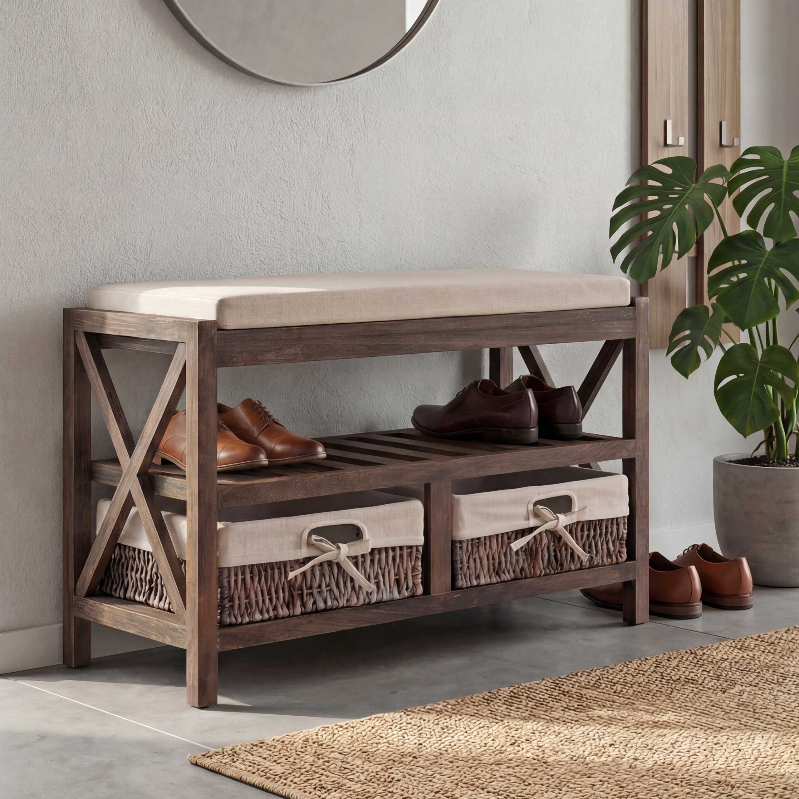 MCW Schuhregal MCW-C48, 2 formstabile Körbe, Mit waschbarem Sitzkissen, Komplett montiert