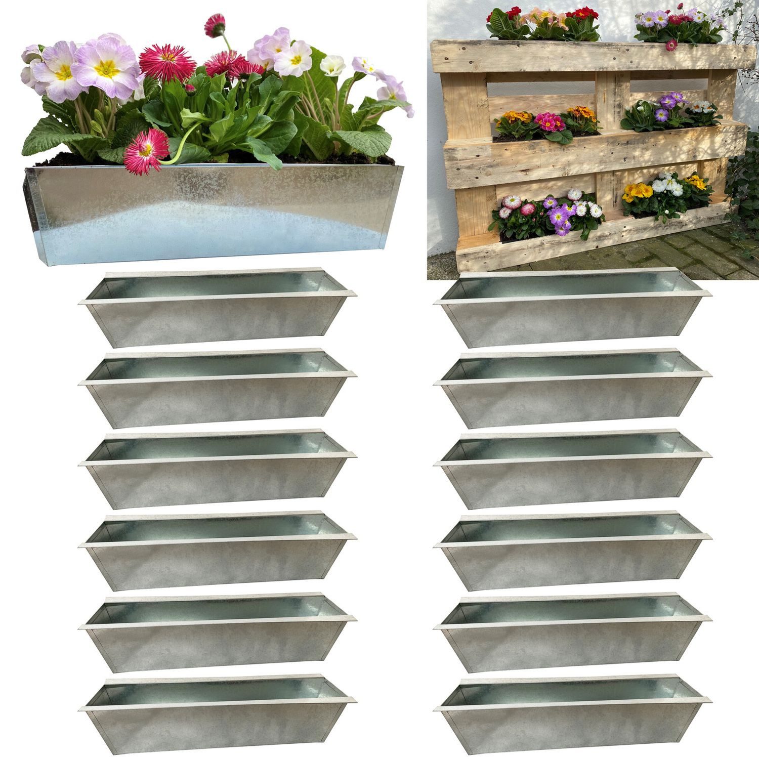 Hossi's Wholesale Blumenkasten 12x Blumenkästen Paletten Metall Pflanzen Kübel Kräuterbeet Kiste Topf
