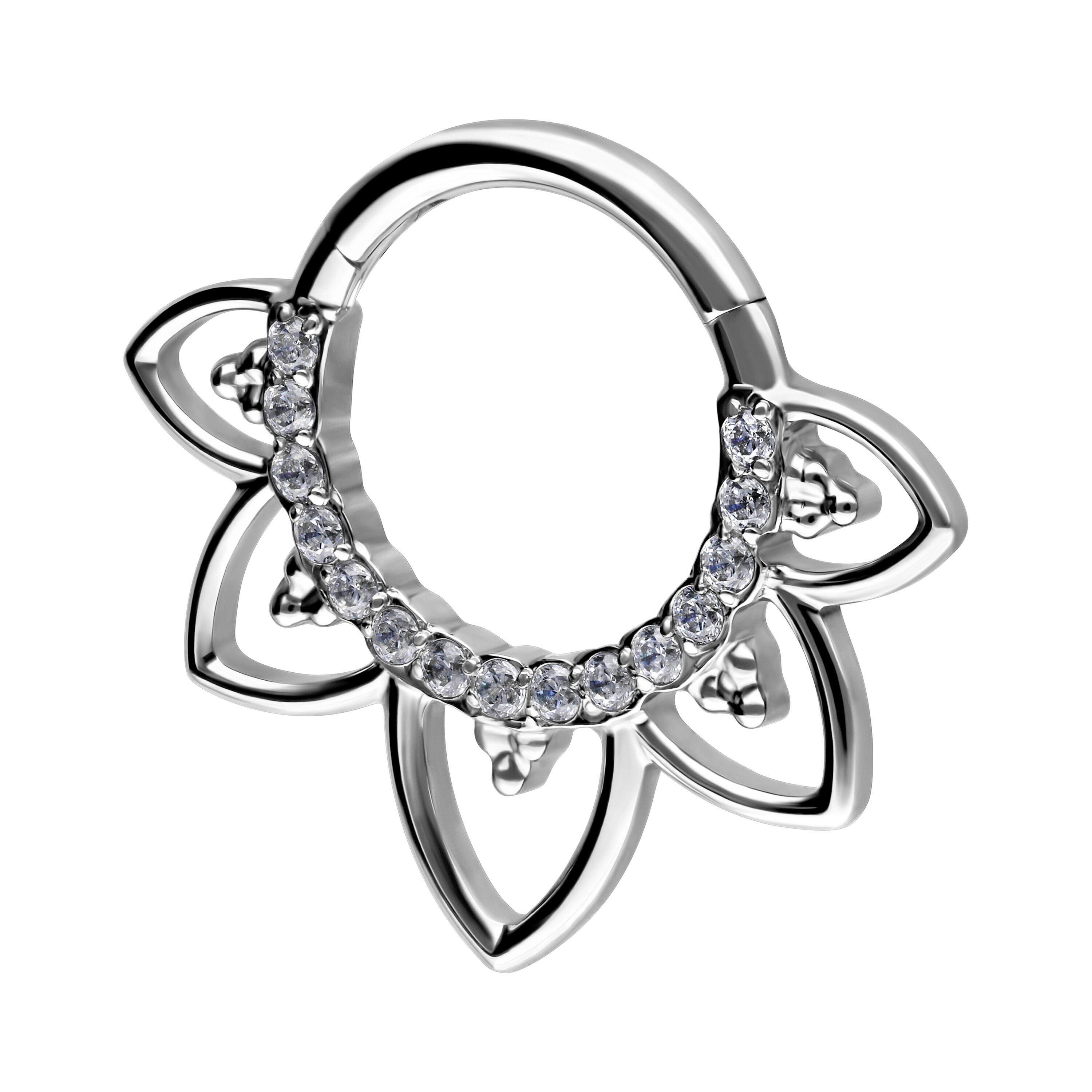 Wildcat Nasenpiercing Flower Lines Crystal Septum Clicker für Ohr, Nase, 1 Stück, Chirurgenstahl 316L - wasserfest, hautverträglich, Silber