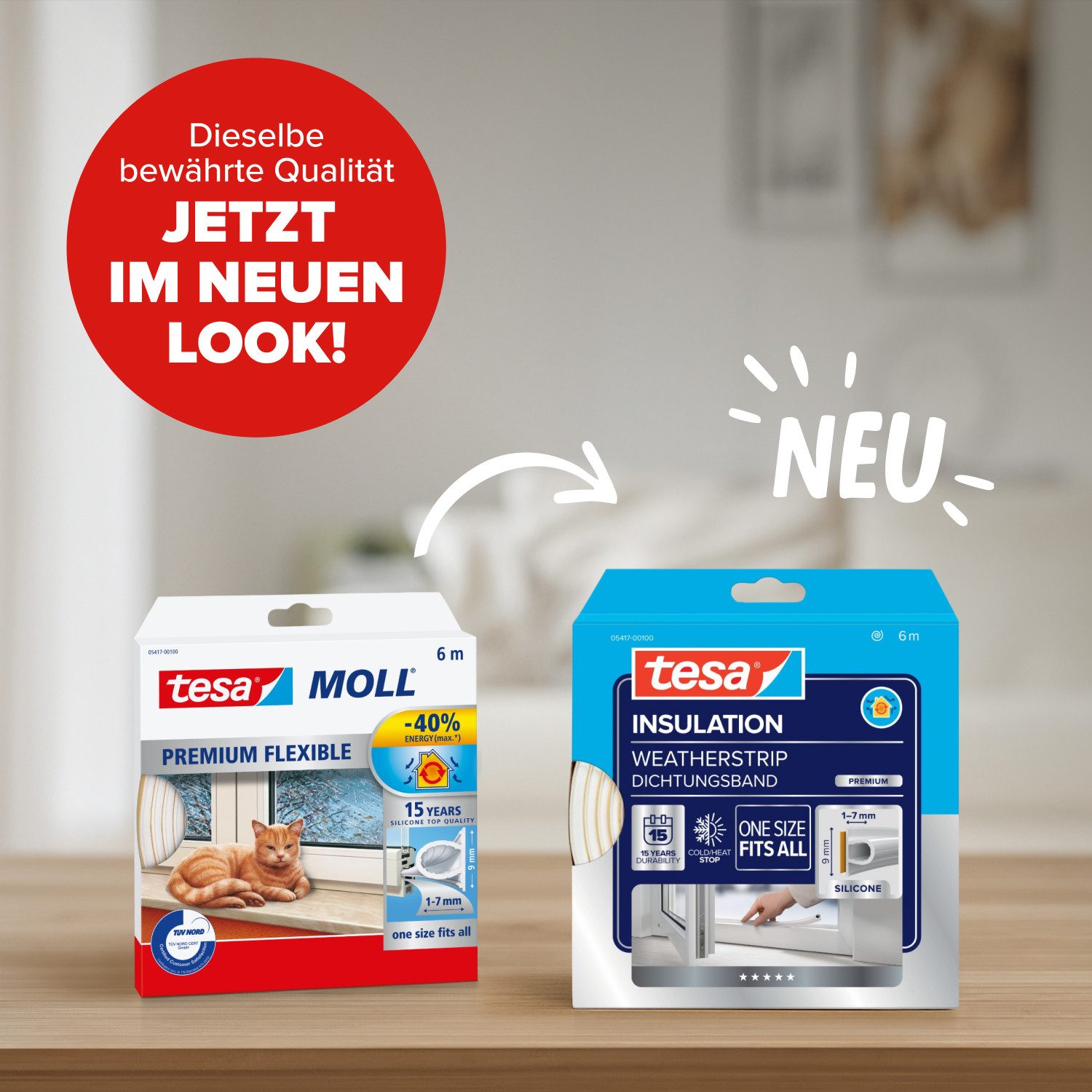 tesa Dichtband INSULATION Dichtungsband Premium - Selbstklebende Silikondichtung (Packung, 1-St., Dichtungsband weiß - 6 m x 9 mm x 7 mm) zum Isolieren von Spalten an Fenstern und Türen