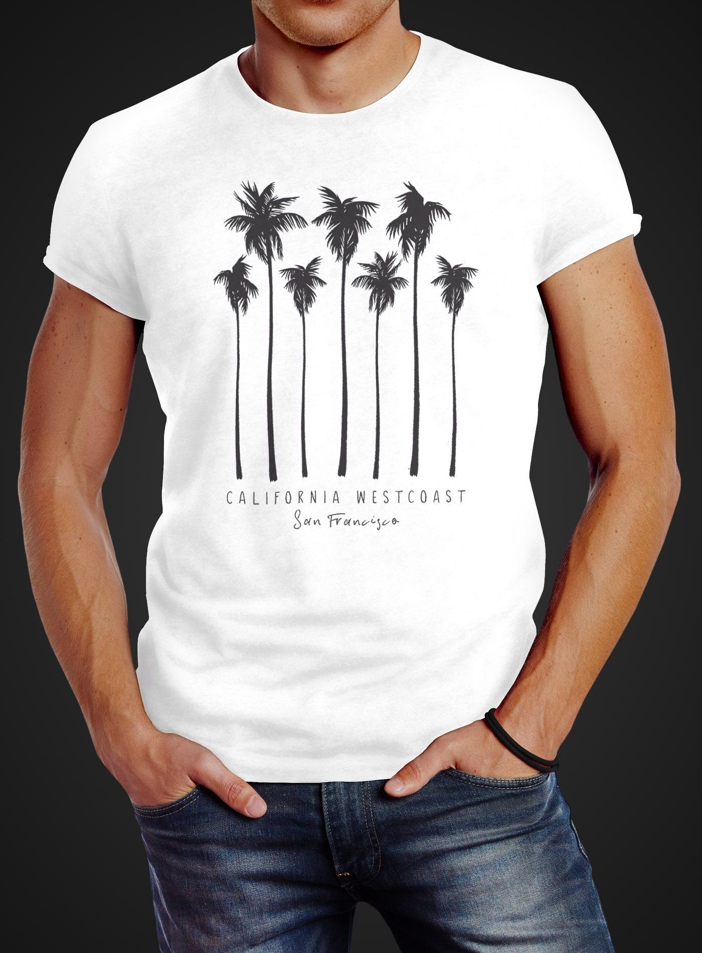 T-Shirt Palmen California Westcoast Slim mit Summer Neverless Print-Shirt Print Neverless® Fit Herren Palms