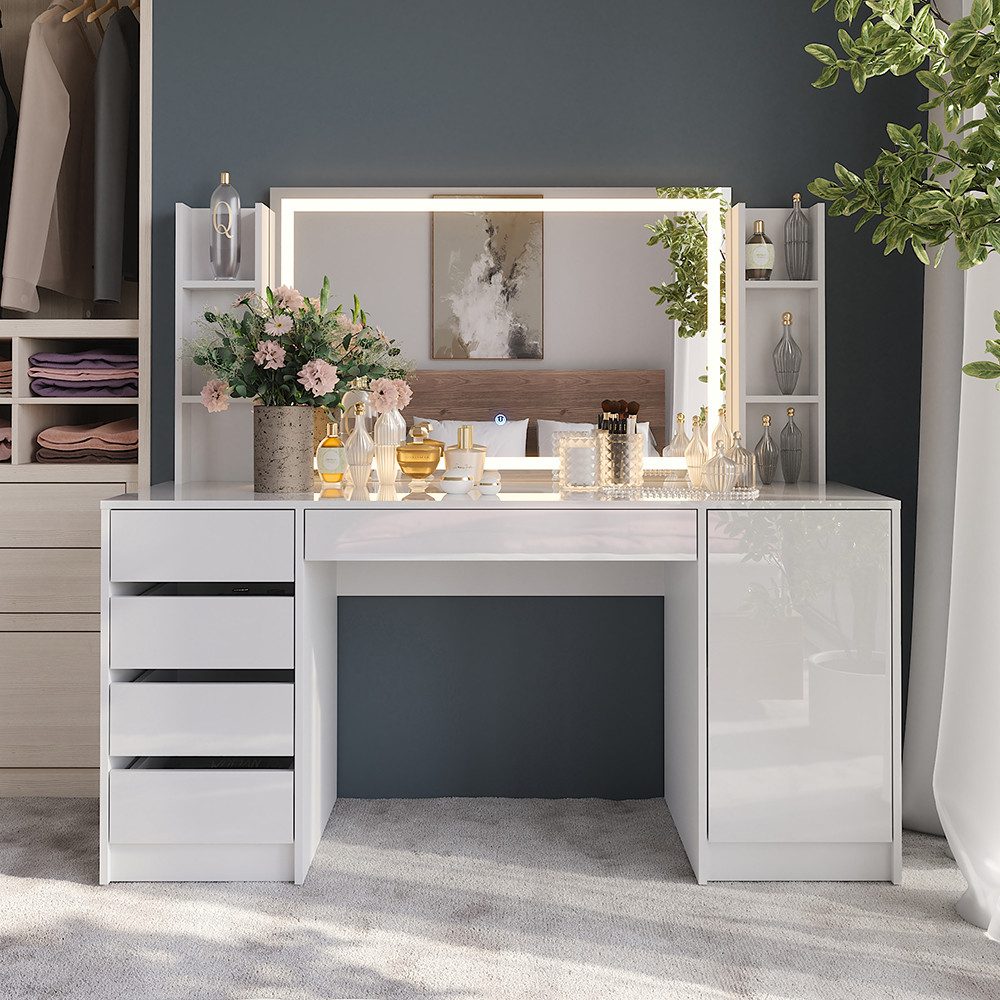 Vicco Schminktisch Sherry, Weiß/Weiß Hochglanz, 158.2 cm 4 Teile günstig online kaufen