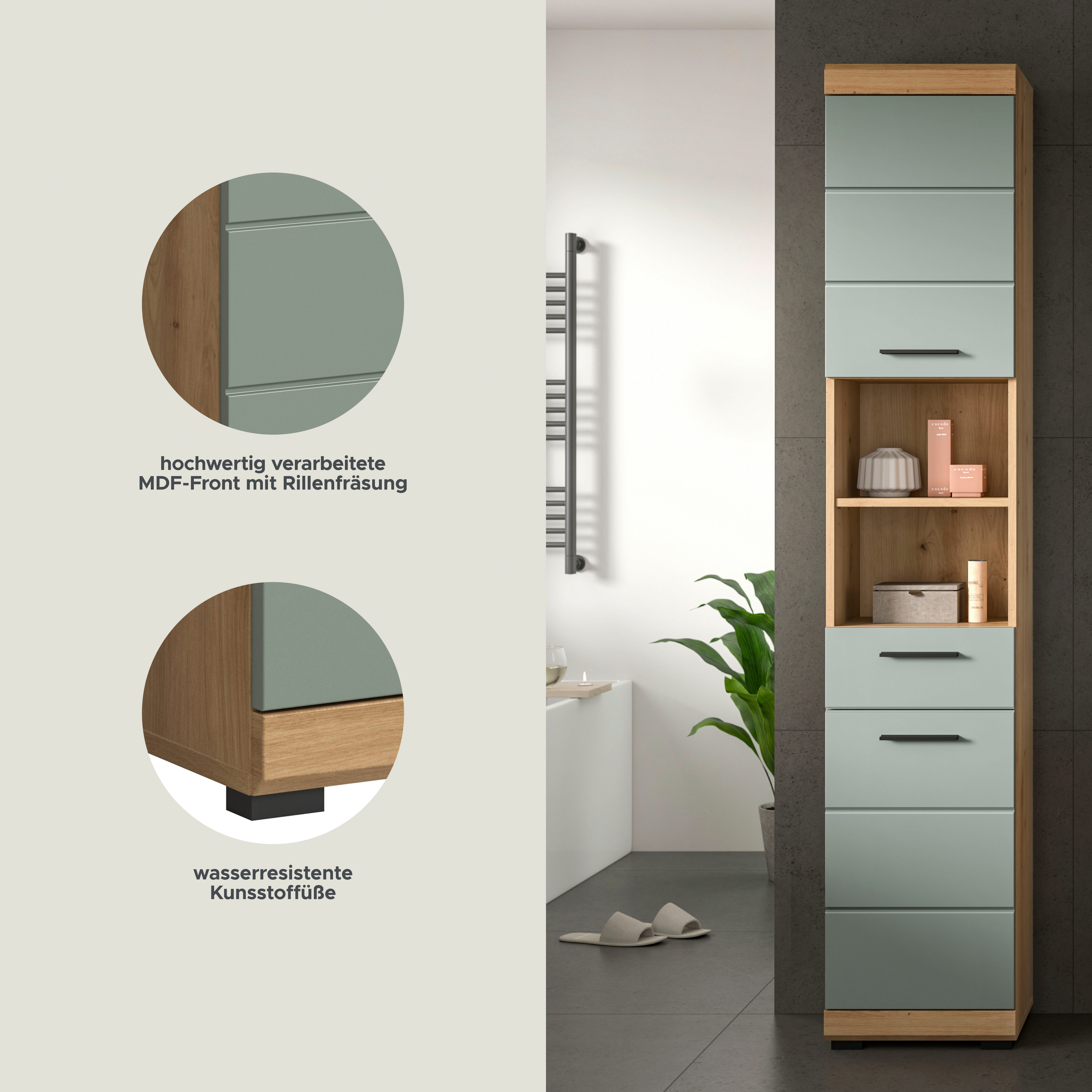 welltime Hochschrank SIENA, Breite 37cm, 2 Tür, 1 Schubkasten, 2 offene Fächer, MDF-Front (1-St., TOPSELLER) in verschiedenen Farben erhältlich, Badmöbel, Badschrank, Schrank, Bad