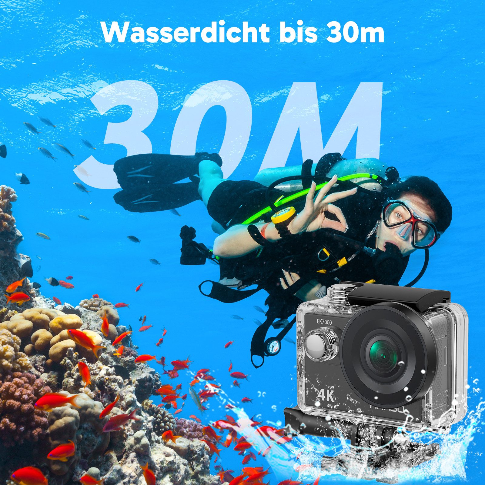 Akaso EK7000 Action Cam (4K Ultra HD, WLAN (Wi-Fi), 30M wasserdicht, 170°Ultra Weitwinkelt, Fernbedienung)