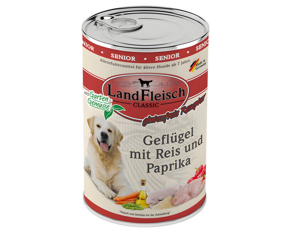 LANDFLEISCH Classic Senior Geflügel + Paprika 400 g - 6 Stück, Nassfutter für: Hund