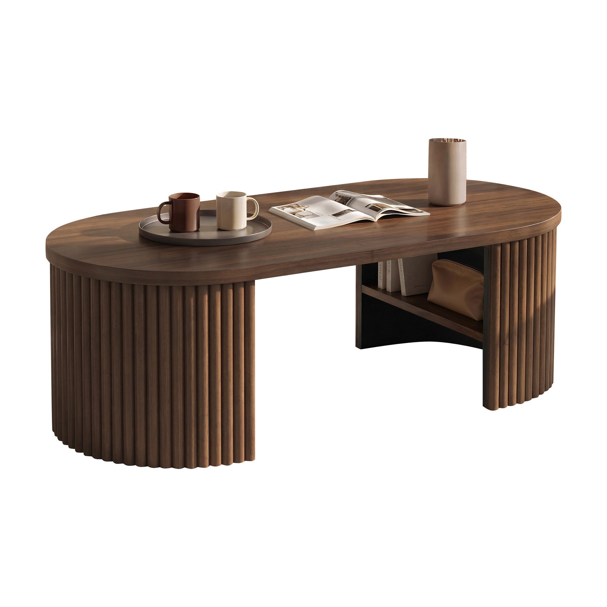Merax Couchtisch Ovaler Sofatisch Beistelltisch im Rillen-Design skandinavisch (1-St), Wohnzimmertisch mit Ablagefach & Stauraum, 100x50x35cm