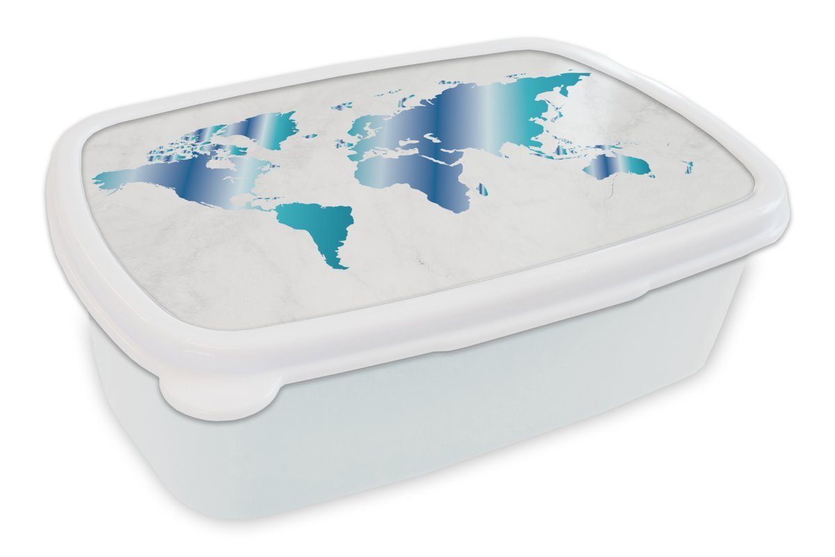 MuchoWow Lunchbox Weltkarte - Blau - Marmor, Kunststoff, (2-tlg), Brotbox für Kinder und Erwachsene, Brotdose, für Jungs und Mädchen weiß
