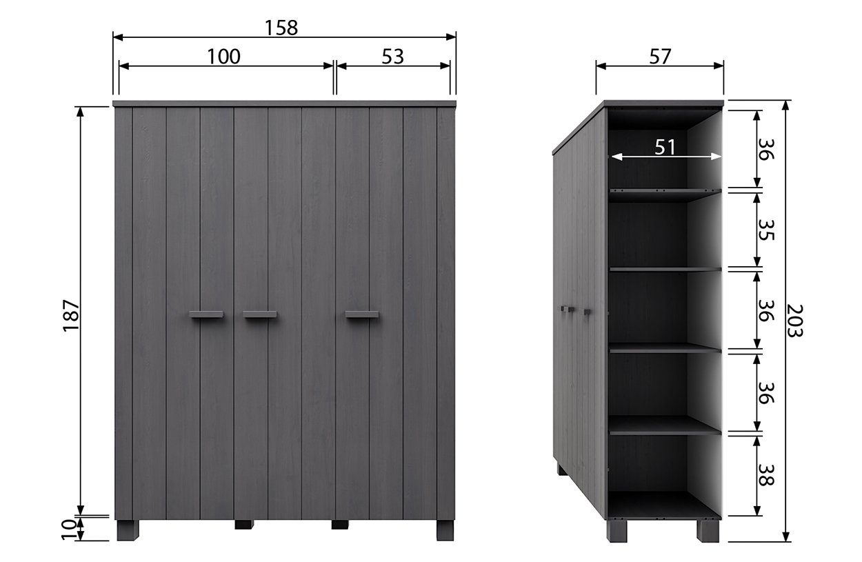 - WOOOD Dennis 3-Türig Kleiderschrank Kleiderschrank Stahlgrau