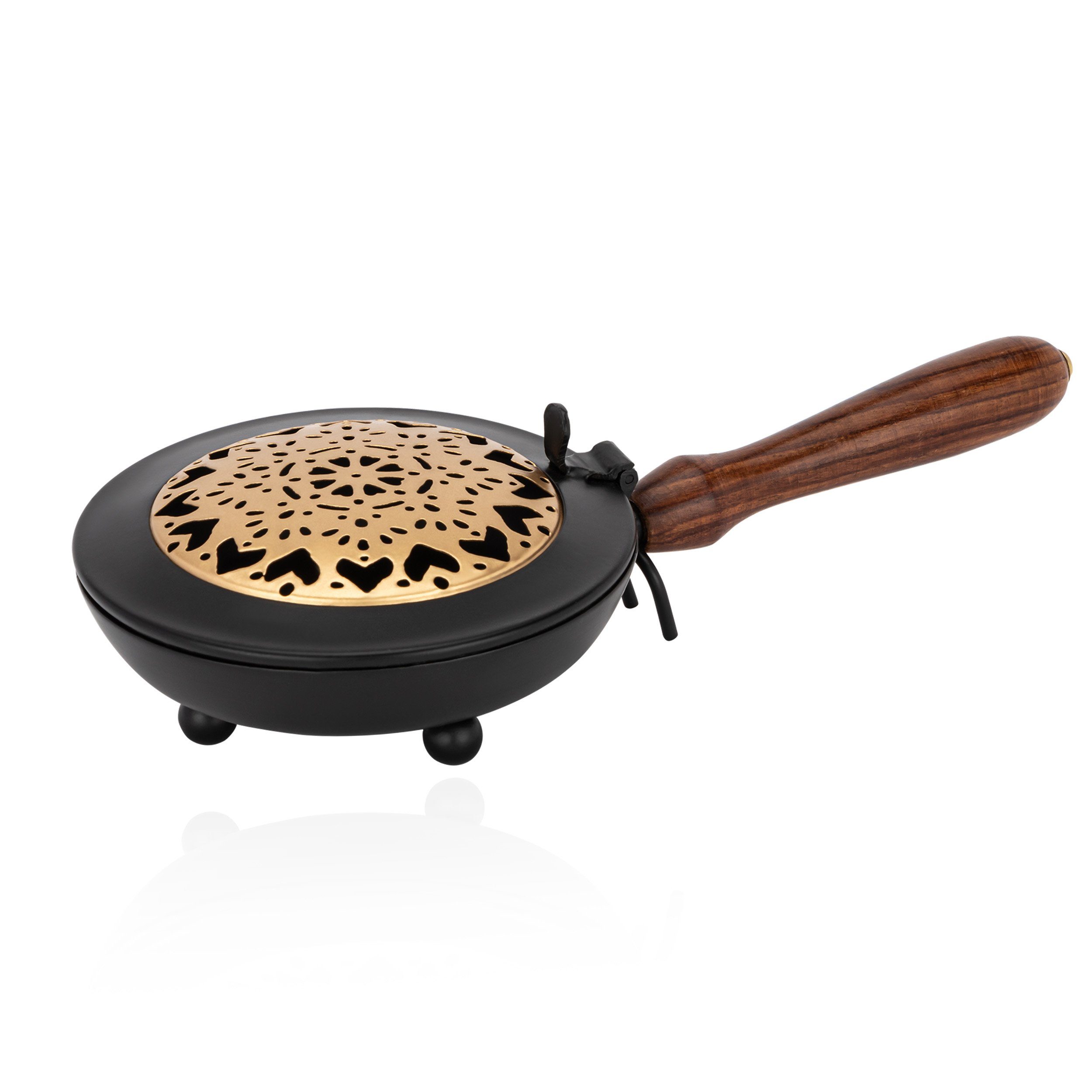 NKlaus Räucherstäbchen-Halter Räucherpfanne aus Eisen mit Holzgriff Mandala gold, Handarbeit