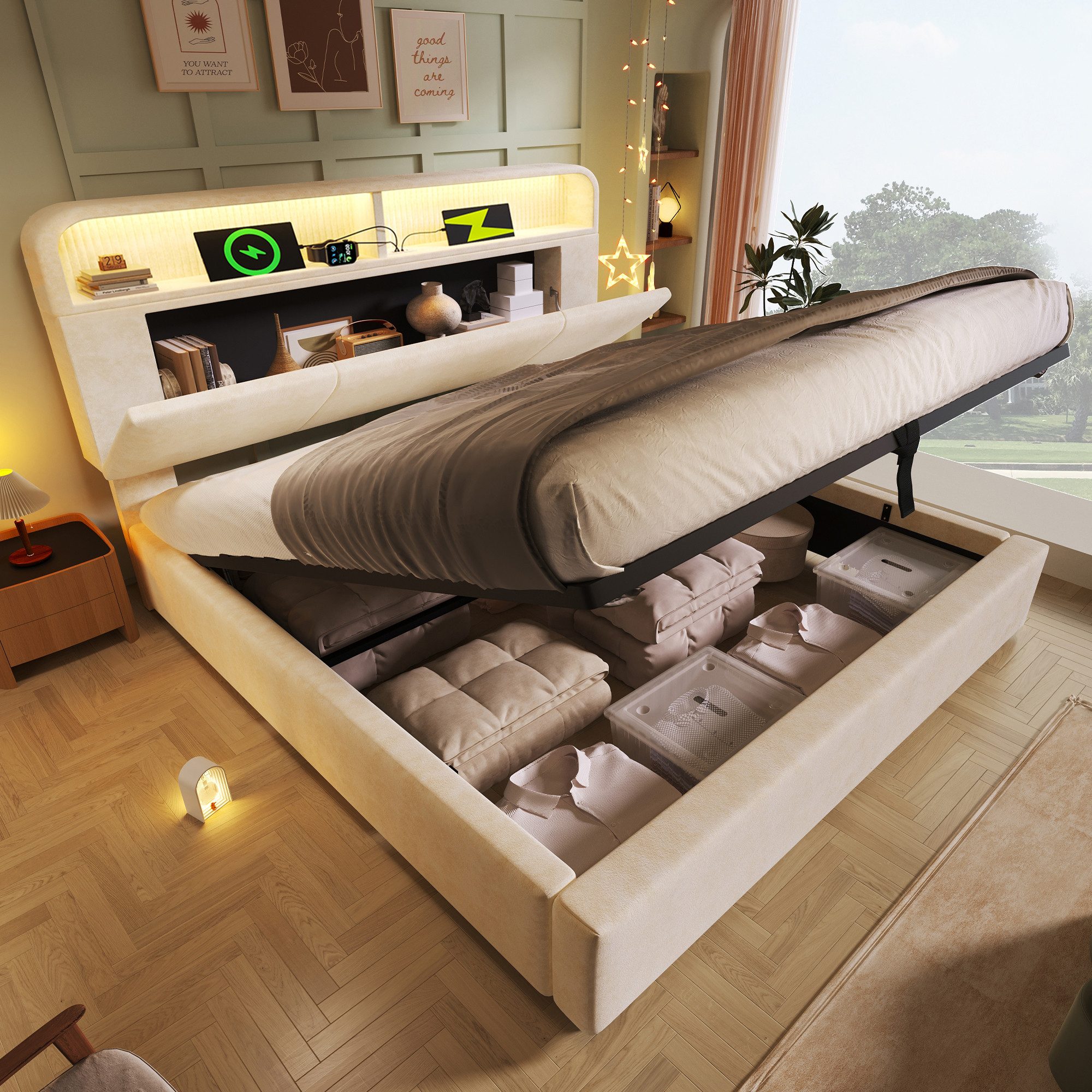 TavilaEcon Polsterbett Höhenverstellbares Bett mit LED-Beleuchtung, USB-Ladestation (1-tlg), mit großzügigem Stauraum, 180×200cm, beige