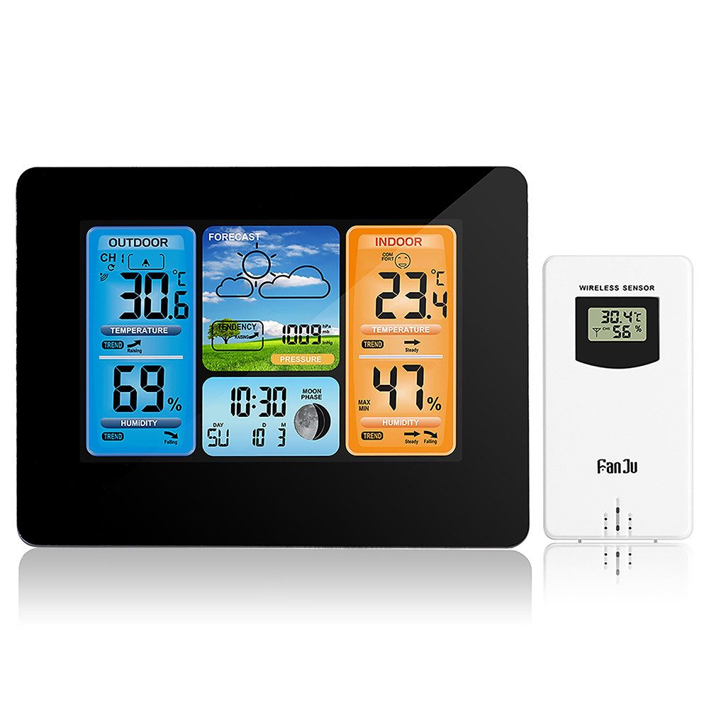 BlingBin RF Wireless Farbbildschirm Wettervorhersage, Wetter Überwachungsuhr Wetterstation (mit Außensensor, mit Alarm/Temperatur/Luftfeuchtigkeit/Barometer/Mondphase/Wetteruhr)