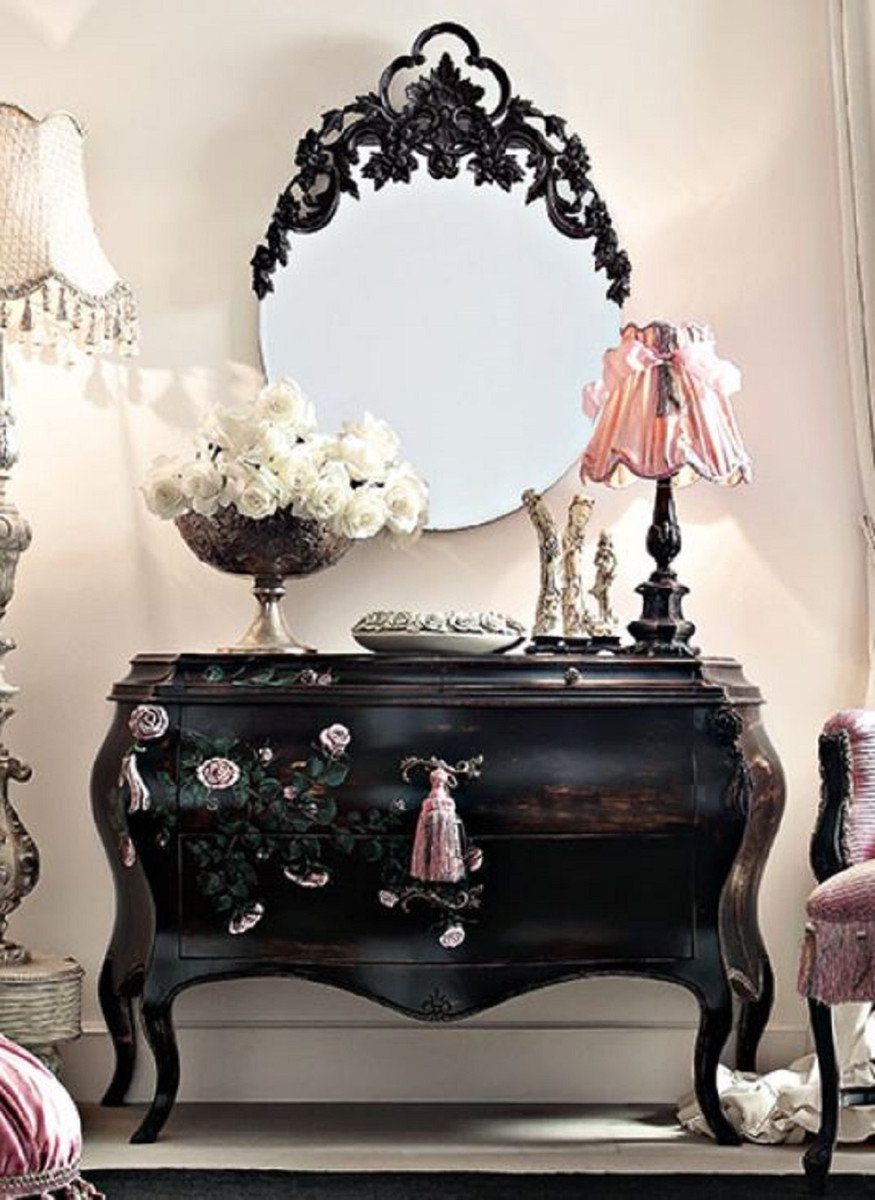 Casa Padrino Barockspiegel Luxus Barock Kommode mit Spiegel Schwarz / Mehrfarbig / Rosa - Barock Spiegelkommode - Prunkvolle Barock Möbel - Hotel Möbel - Schloß Möbel - Erstklassische Qualität - Made in Italy