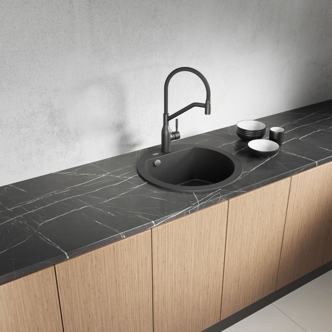 Granitspüle Einbauspüle DAFNE aus Granit (51 cm), 1 Becken, schwarz Küchenspüle, rund, matt, Rundbecken, Einbauspüle, Granitspülen, Küchenausstattung