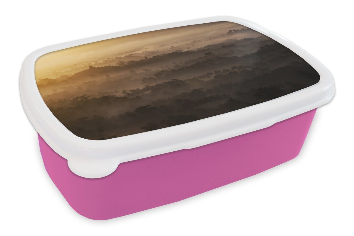 MuchoWow Lunchbox Nebel über Java, Kunststoff, (2-tlg), Brotbox für Erwachsene, Brotdose Kinder, Snackbox, Mädchen, Kunststoff rosa