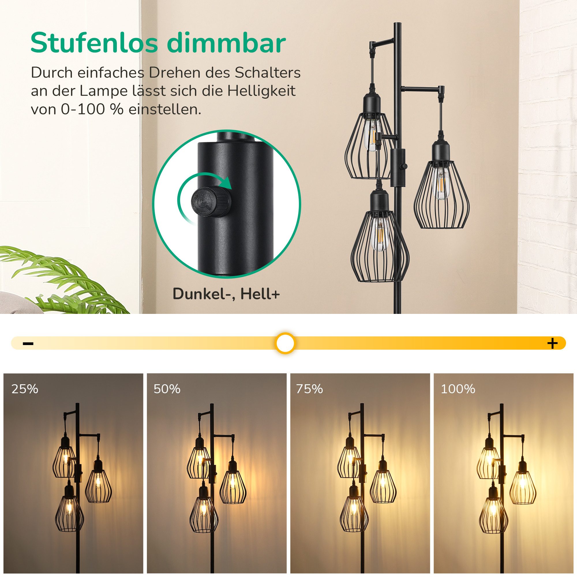 EDISHINE Stehlampe Wohnzimmer Dimmbar, 3-flammige Stehleuchte Industrial, LED wechselbar, Warmweiß, 3 Käfig Lampenschirm aus Metall