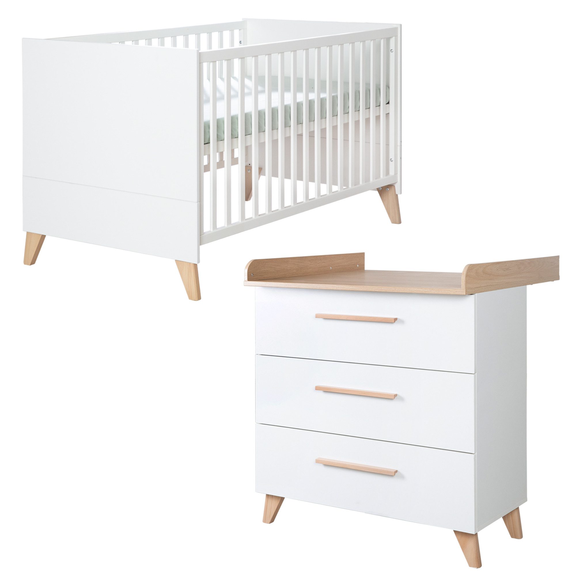 roba® Babymöbel-Set Leon - aus Holz - in Weiß mit Dekor Othello Eiche, (2-teiliges Set, 2-tlg., Kinder- & Beistellbett 60 x 120 cm & Wickelkommode)