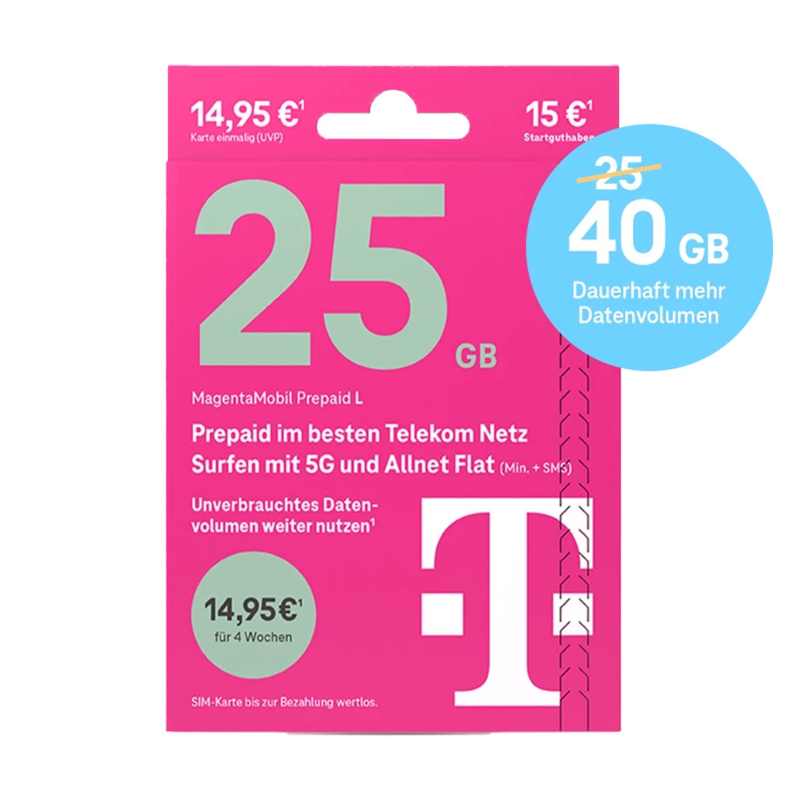 Telekom MagentaMobil Prepaid L Simkarte mit 15 € Startguthaben Prepaidkarte, (EU-Roaming inkl. CH, 15 € Startguthaben)