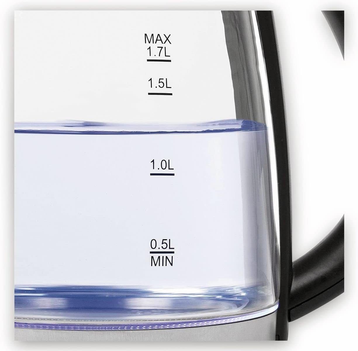 Tristar Wasserkocher WK-3502 Edelstahl, 1,7 Beleuctung, LED Teekocher 2200,00 Glas W, Elektrisch, Wasserstandsanzeige, LED Liter