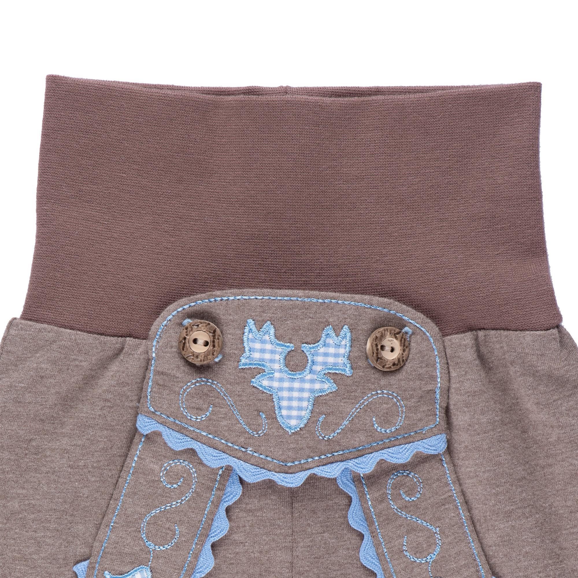 P.Eisenherz Kurzarmbody Babyhose im Lederhosenstil mit hellblauer Stickerei mit elastischem Hosenbund