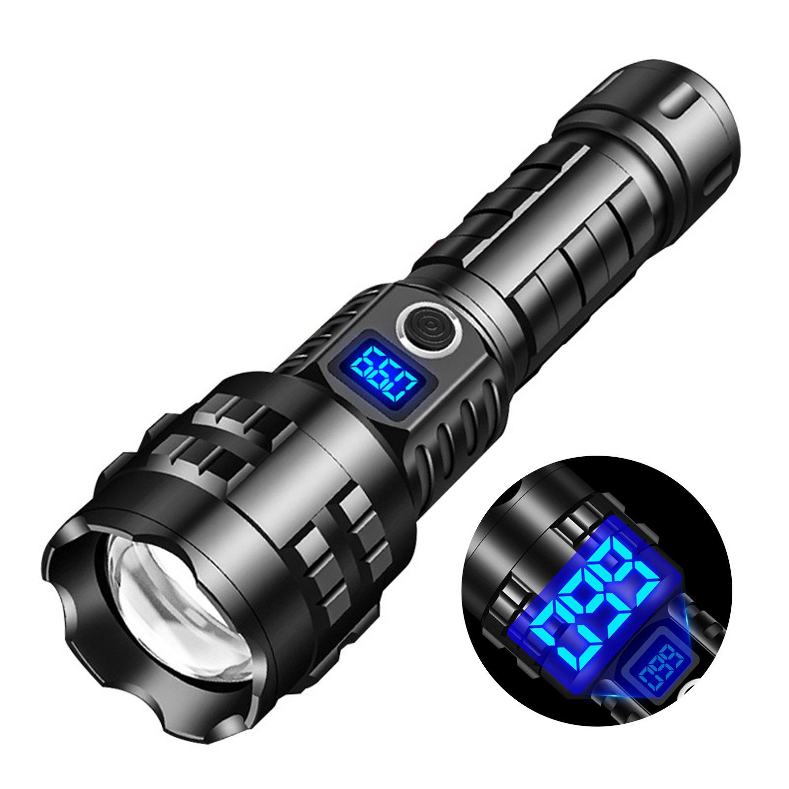 MODFU LED Taschenlampe Akku Taktische Handlampe Notfalllampe Campinglampe (Batteriebetrieben aus Aluminium mit 5000-Lithiumbatterie LCD Anzeige, 5 Lichtmodi Powerbank-Funktion USB Aufladbar IPX67 Wasserdicht), 1300 Lumen, für Camping Wandern Outdoor Notfälle Bergsteigen usw.