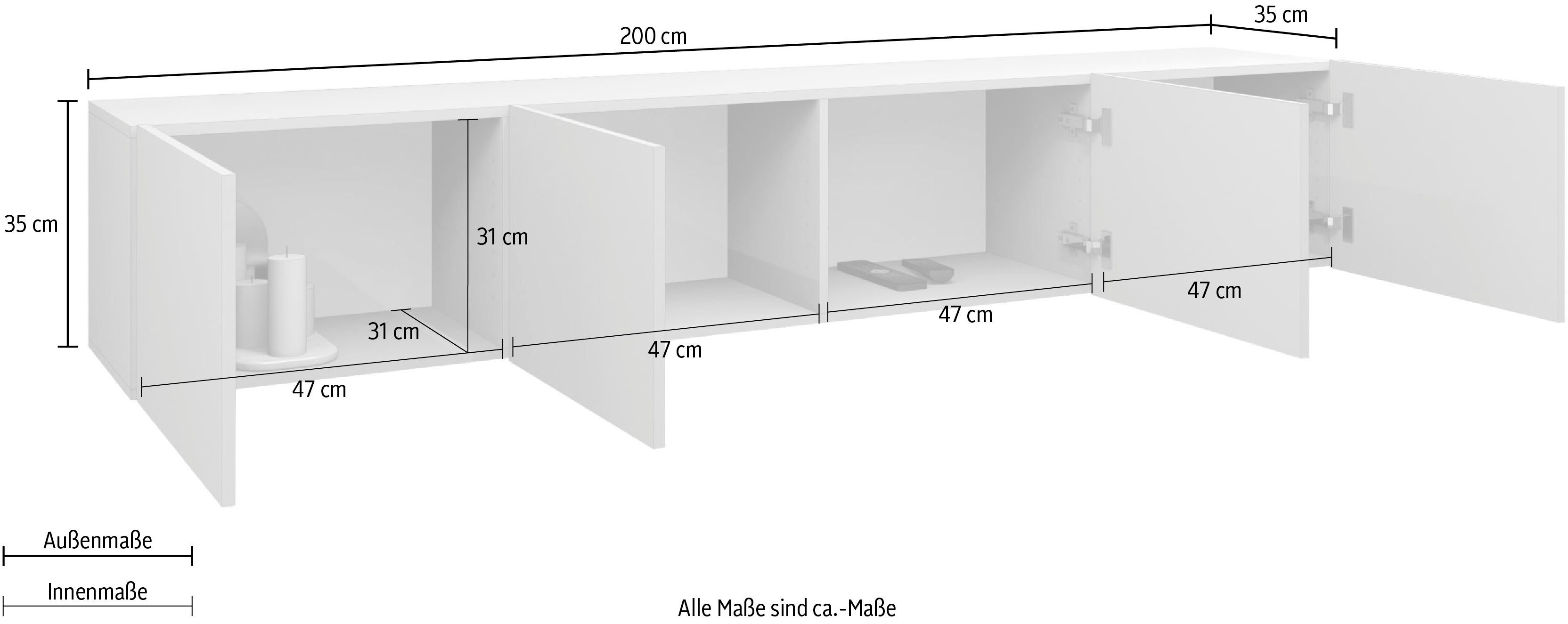 borchardt Möbel Lowboard Sophia, TV-Schrank mit 4 Türen, hängend oder stehend, Breite 200 cm mit 4 Türen, stehend und hängend