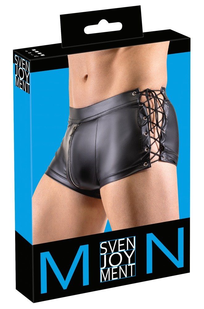 Svenjoyment Boxershorts Wetlook Boxershorts mit Schnürung und Reißverschluss - schwarz (1-St) Variable Seiten-Schnürungen