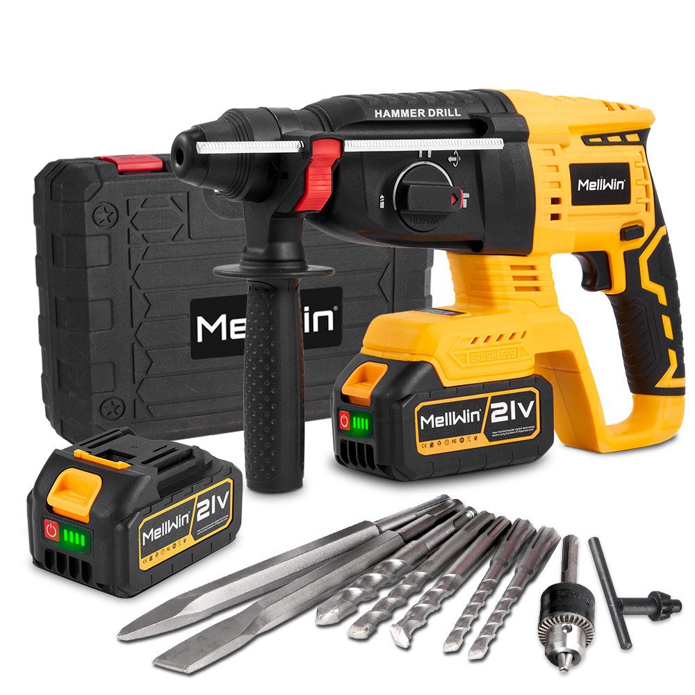 MELLWIN Akku-Bohrhammer SDS-Plus Bohrhammer mit 2x Akkus, 4 Funktionen, max. 1250 U/min, Bürstenloser Bohrhammer, für Bohren, Hammerbohren & Meißeln