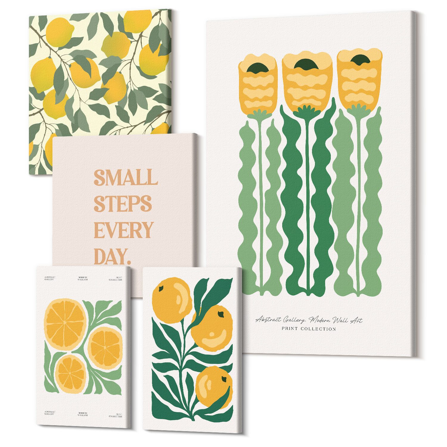 Tulup Mehrteilige Bilder Bilder-Collage 5 Canvas Set Wandbilder Gelb, (5 St), Blumen Zitrus positive Slogans, Blumen Und Pflanzen Motiv