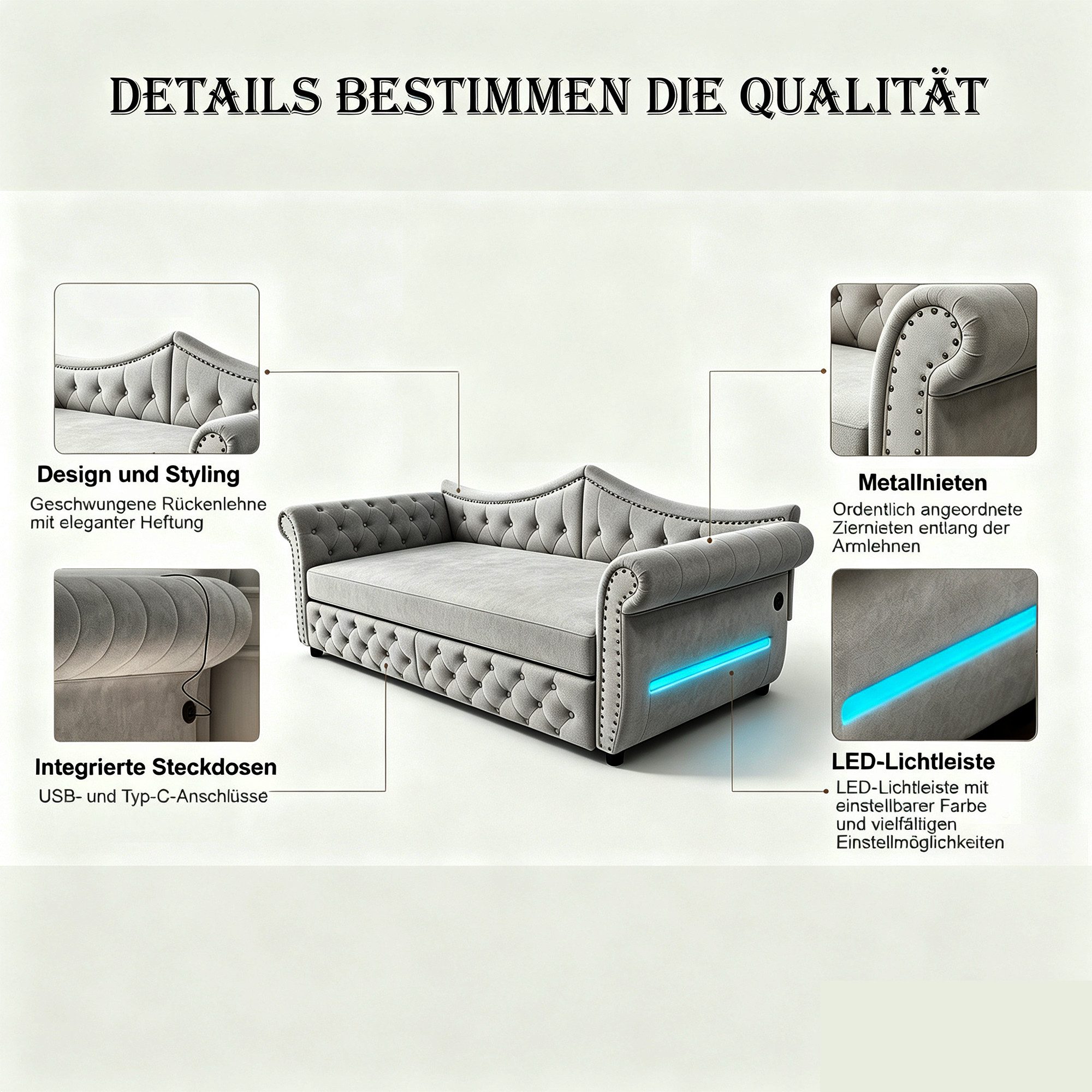 Merax Daybett 90x 200cm/180x200cm mit LED-Beleuchtung & USB-Ladeanschluss, Samt (Jugendbett Doppelbett Sofabett Polsterbett, 1 tlg), Tagesbett mit ausziehbarer  – Bild 5 von 5