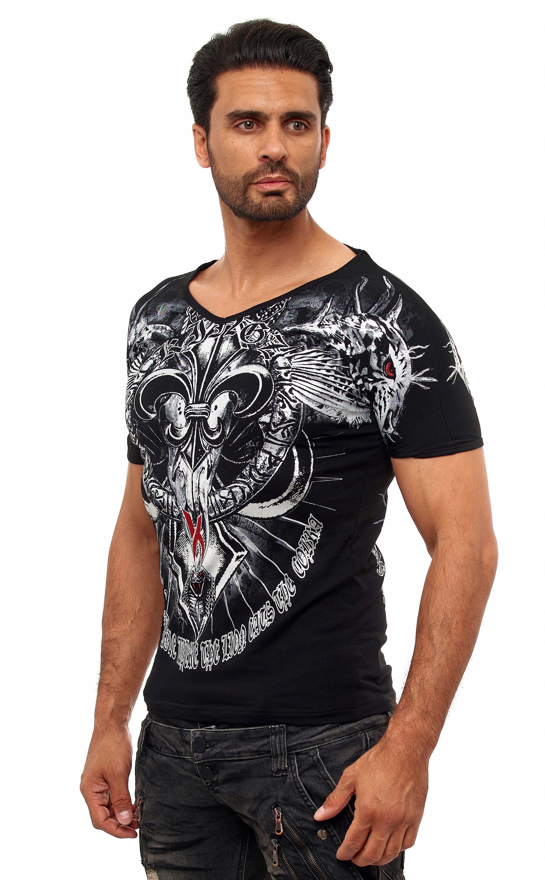 ausgefallenem T-Shirt KINGZ Cobra-Lilien-Print mit schwarz-silberfarben