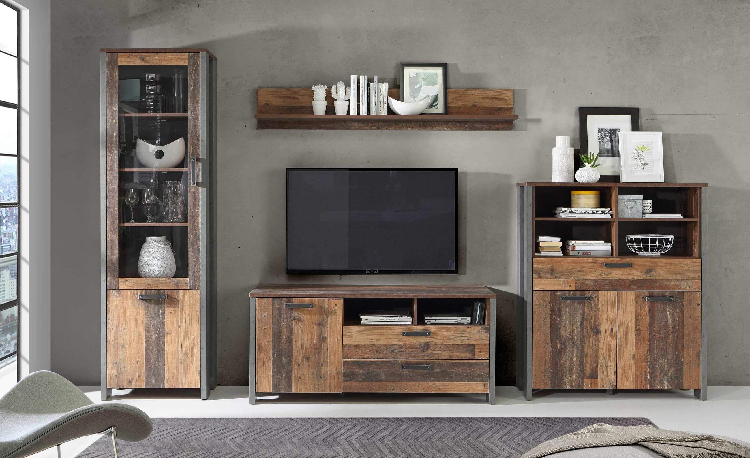 FORTE Wohnwand Wohnkombination Wohnzimmer Set CLIF, 4-tlg. - Optik: Old Wood Vintage, (Komplett-Set, 4-St., Vitrine, TV-Board, Highboard, Wandregal)