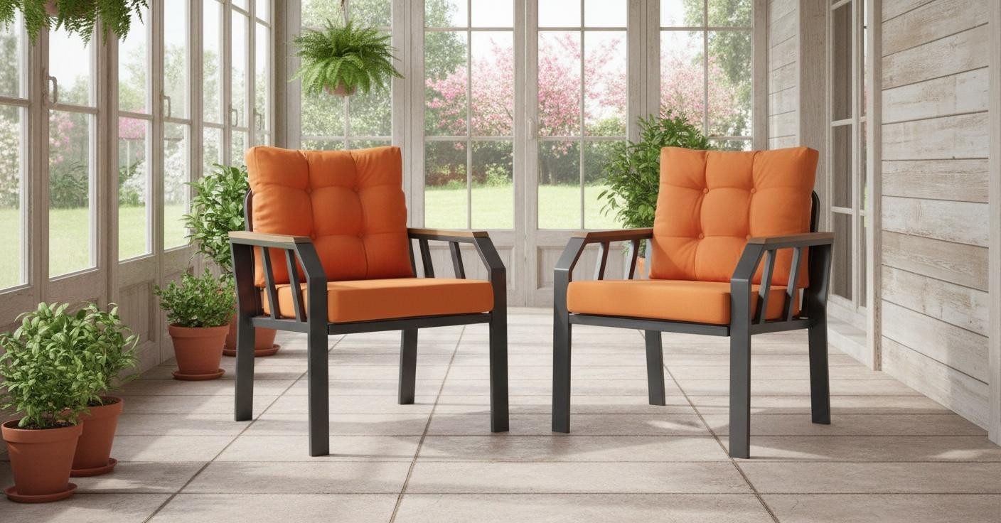 JVmoebel Gartenlounge-Set Sessel Orange Farbe Moderner Stil Metallrahmen Holzarmlehnen Neu, (2-tlg)