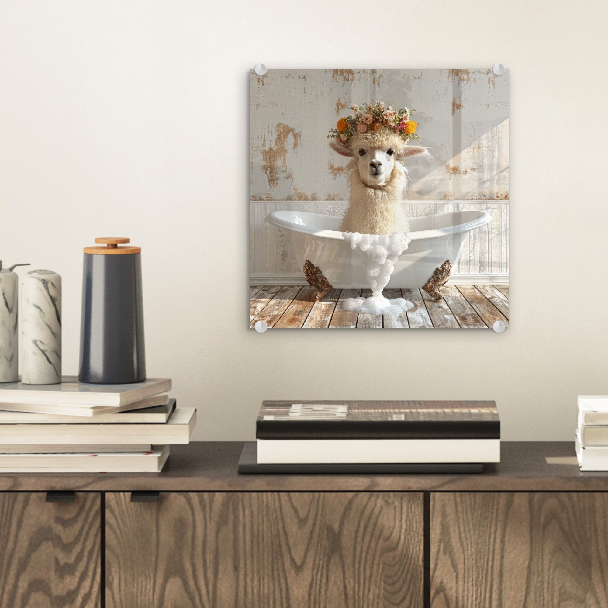 MuchoWow Acrylglasbild Vintage - Alpaka - Badewanne - Blumen - Tiere, Inkl. günstig online kaufen