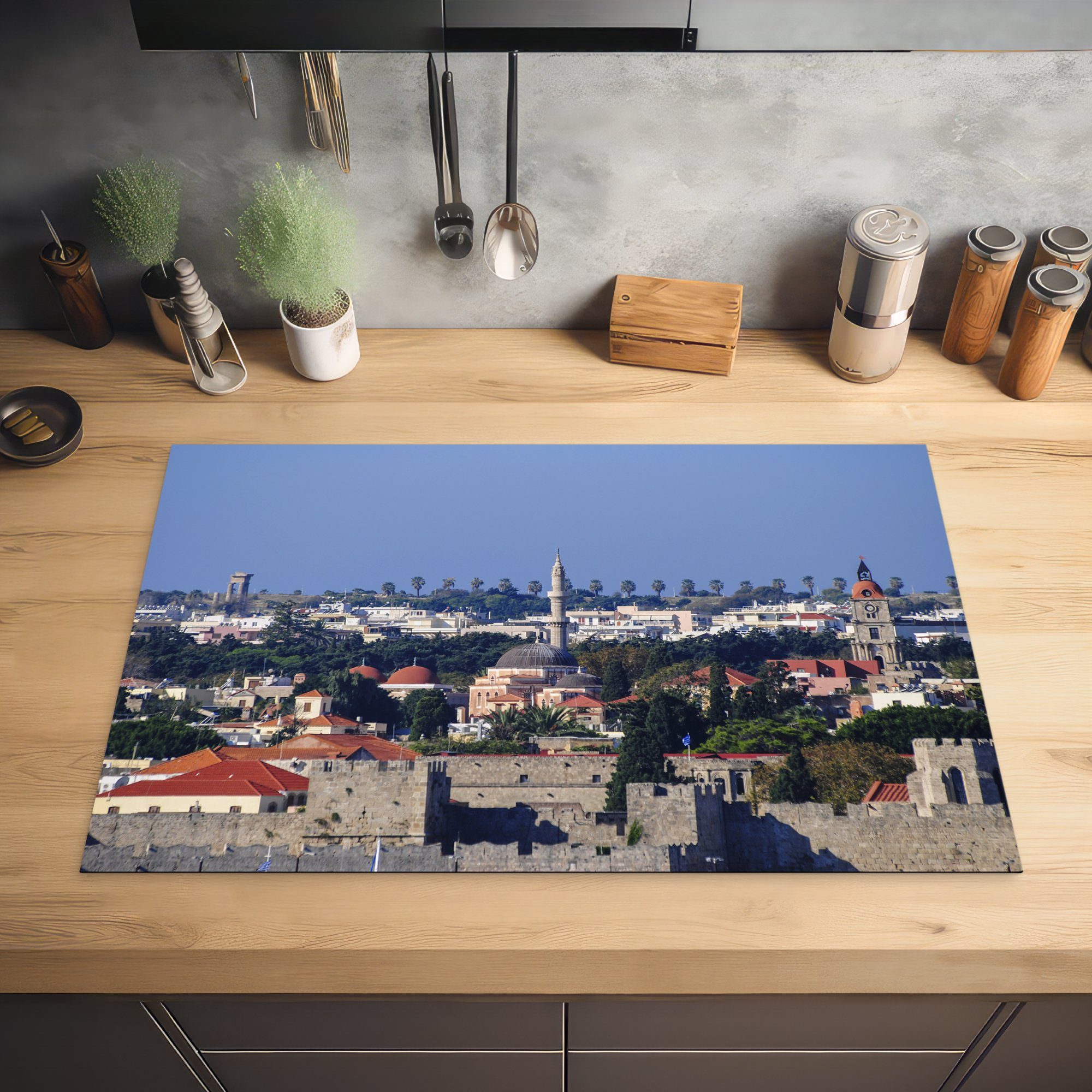 81x52 Blick Altstadt Induktionskochfeld Herdblende-/Abdeckplatte (1 Ceranfeldabdeckung Rhodos, cm, Schutz tlg), über Vinyl, die die küche, für von MuchoWow