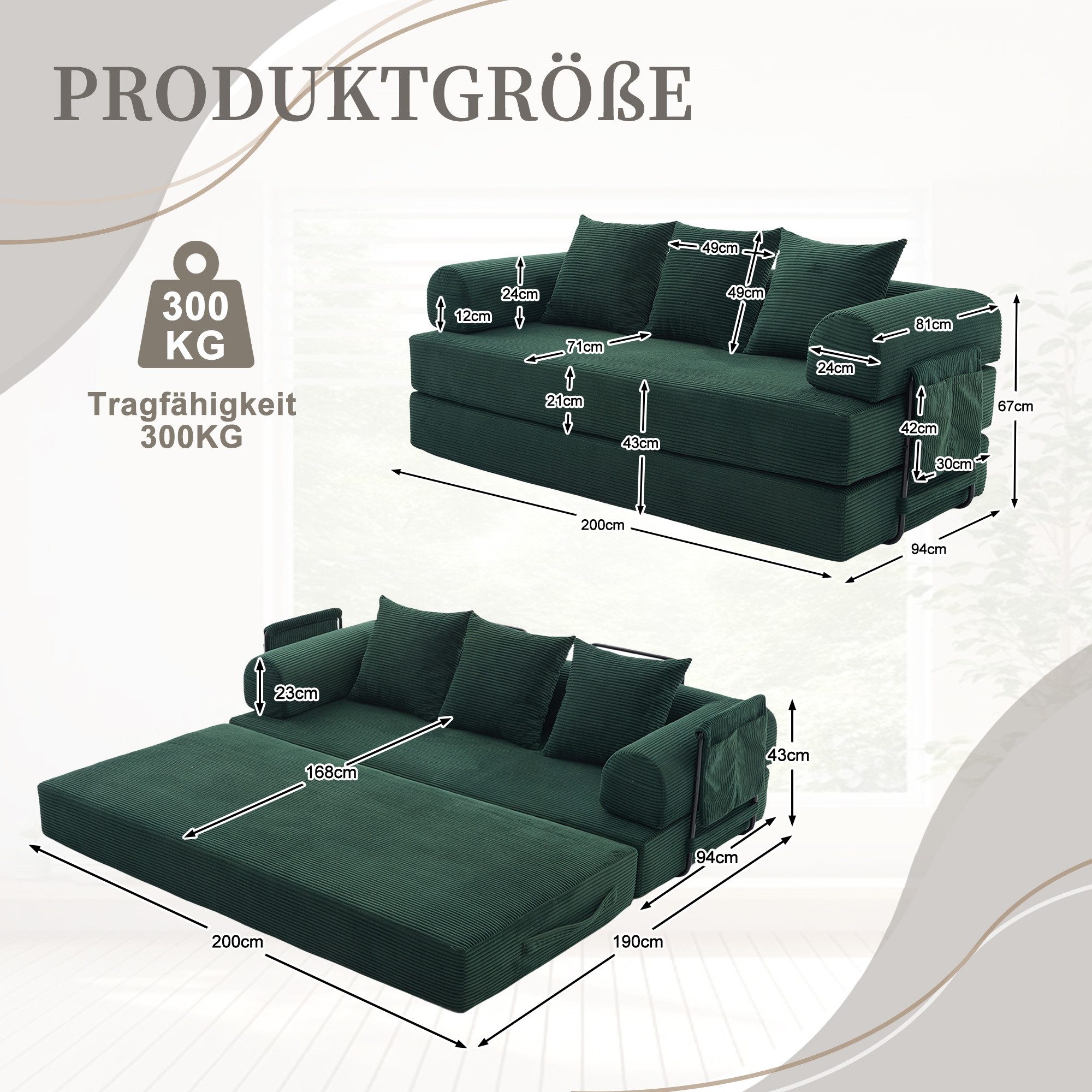LVHOM Loungesofa faltbar mit Schlaffunktion, Stabil-/abnehmbarer Außenrahmen aus Metall, frei kombinierbar, Liege- oder Klappsofa, 3 Kissen, Hochelastischer Schaumstoff, weicher Cordstoff, Praktische Seitentaschen zur Aufbewahrung, Ideal für flexible Raumgestaltung in Wohn- oder Kleinwohnungen, Tragfähigkeit 300kg, als Gästebett nutzbar,Arbeitszimmer/Wohnzimmer