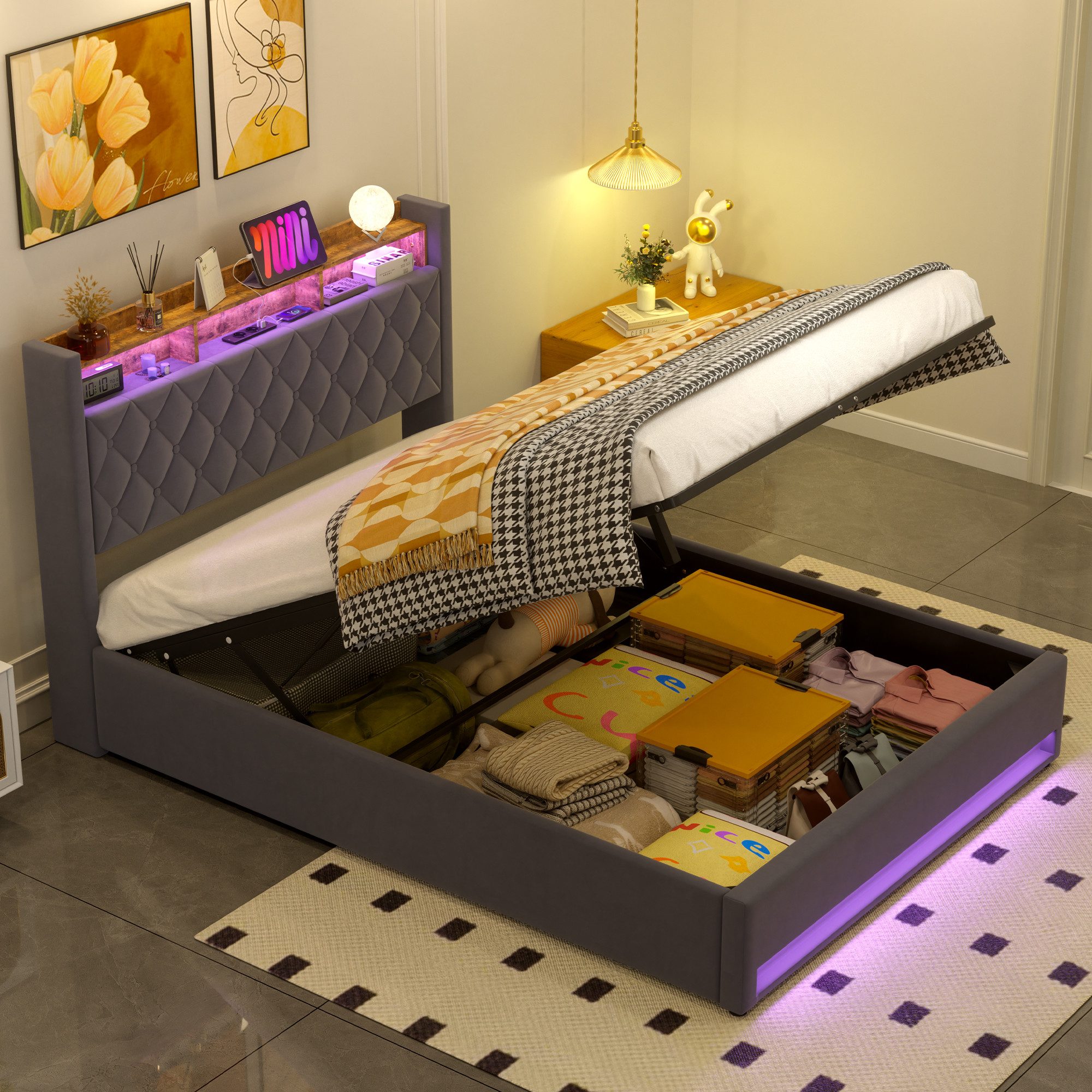 REDOM Polsterbett mit Premium-Samt – Stabil, Komfortabel, Zeitlos (Robuster Holz-Eisen-Rahmen • Atmungsaktiver Schaum • Inklusive Lattenrost, 1-tlg), Mit LED-Lichtleiste und USB-Aufladung