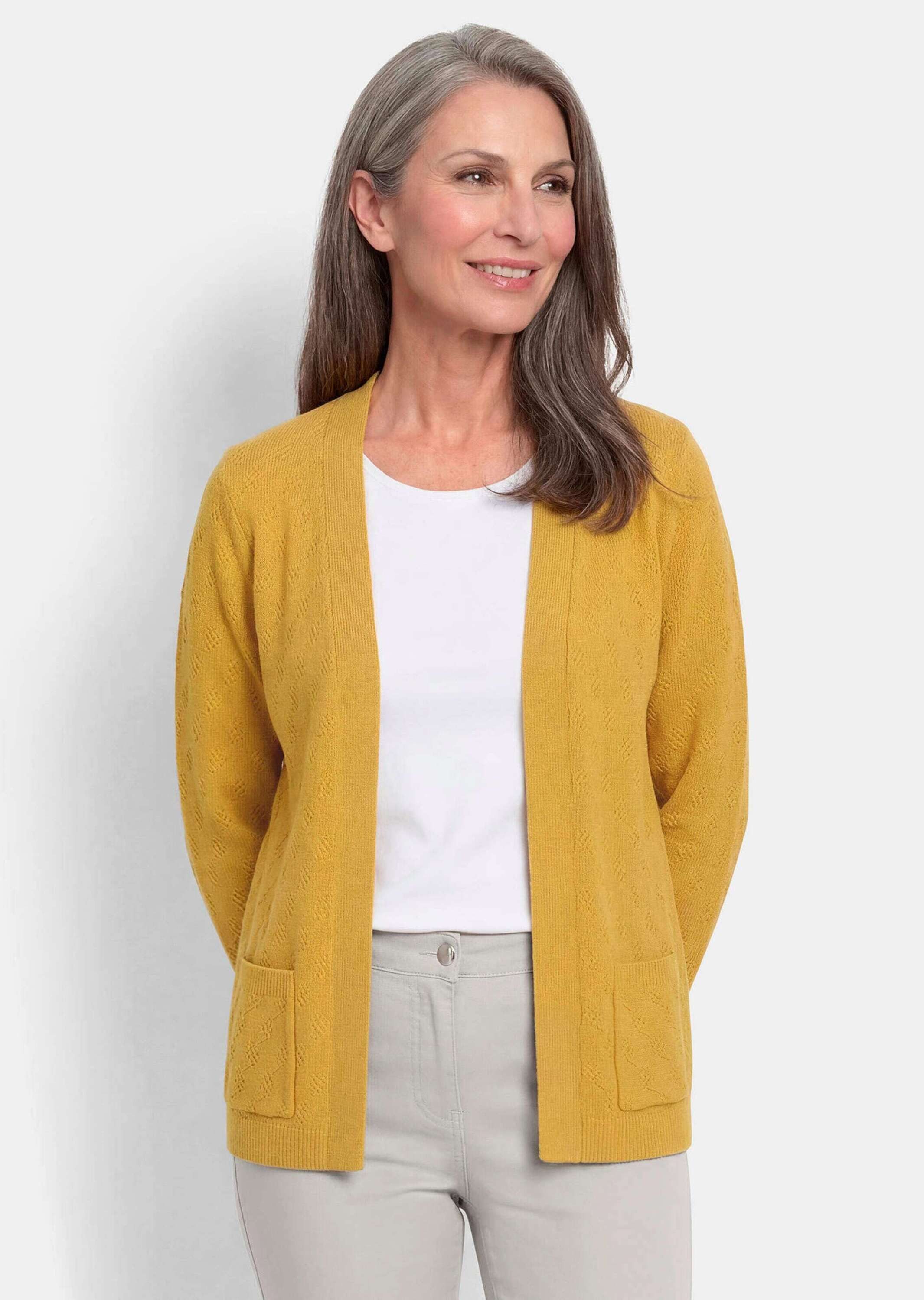 GOLDNER Strickjacke Baumwoll-Cardigan ohne Verschluss Offene Strickjacke mit Struktur im Schrägverlauf und Taschen