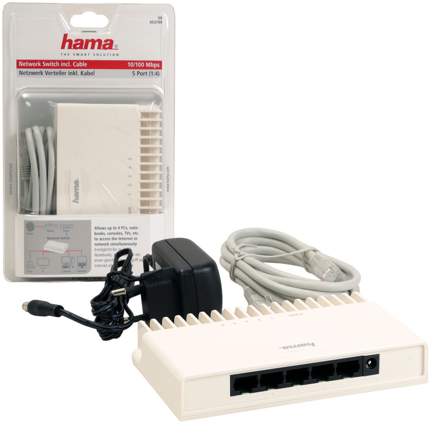 Hama 5-Port Netzwerk Switch LAN Verteiler Hub Weiß Netzwerk-Switch (schnell Fast Ethernet 10/100 Mpbs 5x RJ45 Ports Kabel Wandmontage)