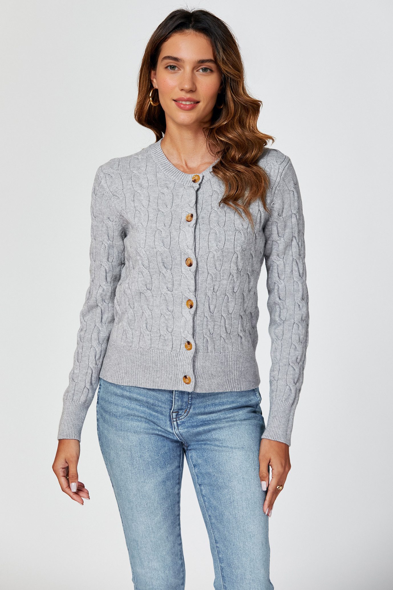 FS Collection Strickjacke Damen Strickjacke mit Rundhalsausschnitt & Zopfmuster Cardigan (Einheitsgröße: UK 8–16 / EU 36–44, 3 Farben : Creme, Marineblau und Grau) 56 % Viskose, 26 % Polyester, 18 % Wolle