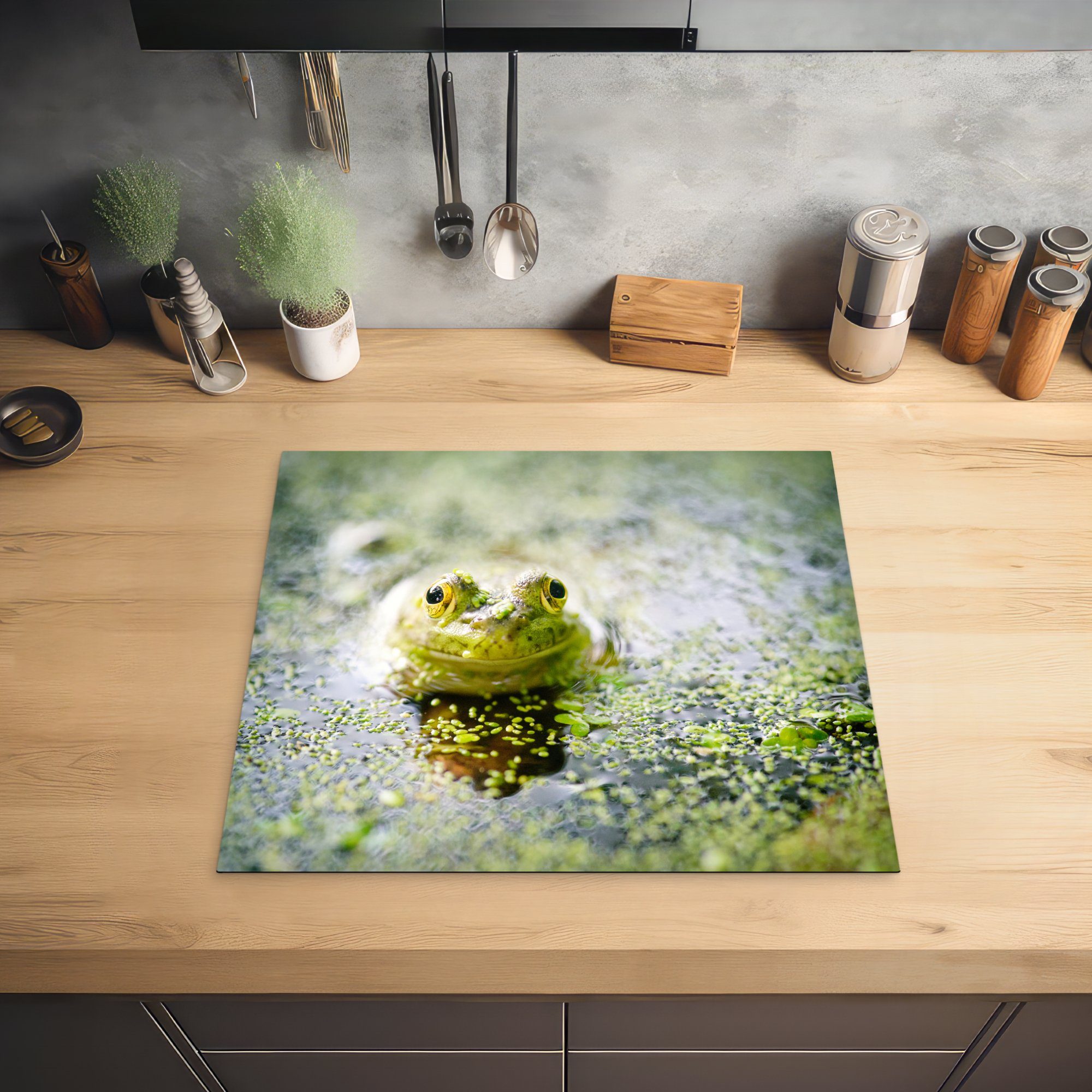 Frosch im Ceranfeldabdeckung Fröhlicher Arbeitsfläche Herdblende-/Abdeckplatte MuchoWow nutzbar, 60x52 Vinyl, Mobile (1 cm, tlg), Wasser,