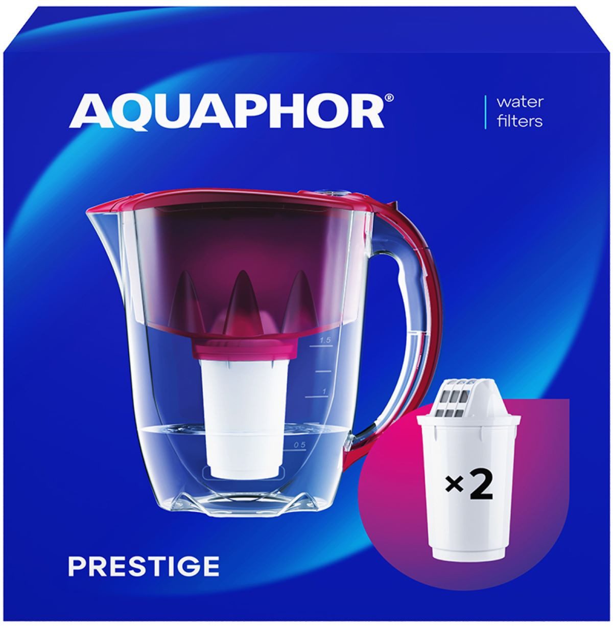 AQUAPHOR Wasserfilter Set Prestige cherry - inkl. 2x Filterkartuschen A5, 350l., Zubehör für Filterkartuschen AQUAPHOR A5, A5H hartes Wasser & A5 Magnesium, Reduziert Kalk, Chlor & weiteren Stoffen. BPA frei